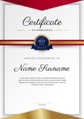 Kırmızı ve altın renkli takdir şablonu sertifikası, rozet tasarımı ile çok amaçlı sertifika sınırı. Zarif kırmızı ve altın sertifika şablonu