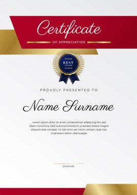 Kırmızı ve altın renkli takdir şablonu sertifikası, rozet tasarımı ile çok amaçlı sertifika sınırı. Zarif kırmızı ve altın sertifika şablonu