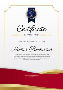 Kırmızı ve altın renkli takdir şablonu sertifikası, rozet tasarımı ile çok amaçlı sertifika sınırı. Zarif kırmızı ve altın sertifika şablonu