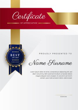 Kırmızı ve altın renkli takdir şablonu sertifikası, rozet tasarımı ile çok amaçlı sertifika sınırı. Zarif kırmızı ve altın sertifika şablonu