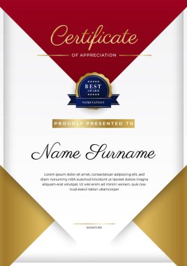 Kırmızı ve altın renkli takdir şablonu sertifikası, rozet tasarımı ile çok amaçlı sertifika sınırı. Zarif kırmızı ve altın sertifika şablonu