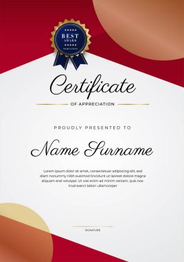 Kırmızı ve altın renkli takdir şablonu sertifikası, rozet tasarımı ile çok amaçlı sertifika sınırı. Zarif kırmızı ve altın sertifika şablonu