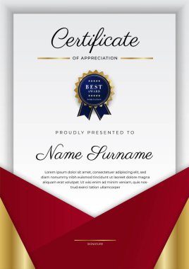 Kırmızı ve altın renkli takdir şablonu sertifikası, rozet tasarımı ile çok amaçlı sertifika sınırı. Zarif kırmızı ve altın sertifika şablonu