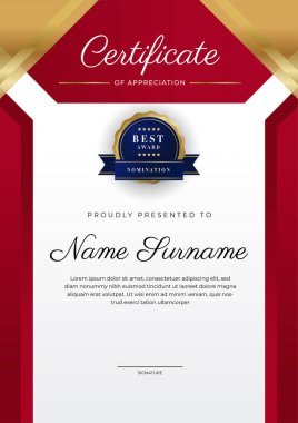 Kırmızı ve altın renkli takdir şablonu sertifikası, rozet tasarımı ile çok amaçlı sertifika sınırı. Zarif kırmızı ve altın sertifika şablonu