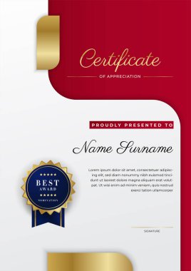 Kırmızı ve altın renkli takdir şablonu sertifikası, rozet tasarımı ile çok amaçlı sertifika sınırı. Zarif kırmızı ve altın sertifika şablonu