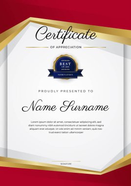 Kırmızı ve altın renkli takdir şablonu sertifikası, rozet tasarımı ile çok amaçlı sertifika sınırı. Zarif kırmızı ve altın sertifika şablonu