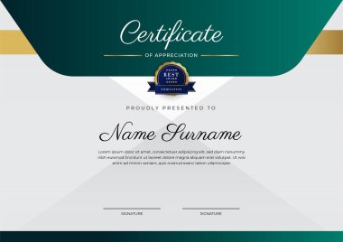 Yeşil, siyah ve altın sertifikalı, lüks rozetli ve modern çizgili sınır şablonu. Ödül, iş ve eğitim ihtiyaçları için. Vektör sertifika şablonu