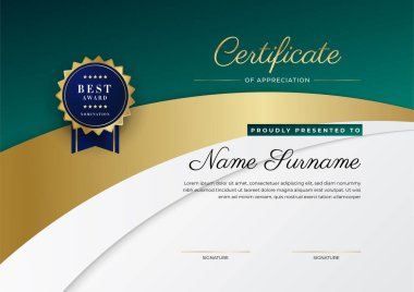 Yeşil, siyah ve altın sertifikalı, lüks rozetli ve modern çizgili sınır şablonu. Ödül, iş ve eğitim ihtiyaçları için. Vektör sertifika şablonu