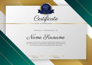 Yeşil, siyah ve altın sertifikalı, lüks rozetli ve modern çizgili sınır şablonu. Ödül, iş ve eğitim ihtiyaçları için. Vektör sertifika şablonu