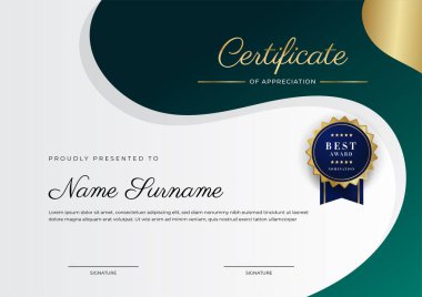 Yeşil, siyah ve altın sertifikalı, lüks rozetli ve modern çizgili sınır şablonu. Ödül, iş ve eğitim ihtiyaçları için. Vektör sertifika şablonu