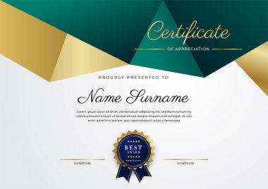Yeşil, siyah ve altın sertifikalı, lüks rozetli ve modern çizgili sınır şablonu. Ödül, iş ve eğitim ihtiyaçları için. Vektör sertifika şablonu