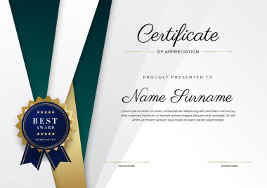 Yeşil, siyah ve altın sertifikalı, lüks rozetli ve modern çizgili sınır şablonu. Ödül, iş ve eğitim ihtiyaçları için. Vektör sertifika şablonu