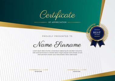 Yeşil, siyah ve altın sertifikalı, lüks rozetli ve modern çizgili sınır şablonu. Ödül, iş ve eğitim ihtiyaçları için. Vektör sertifika şablonu
