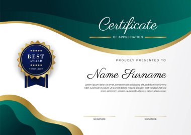 Yeşil, siyah ve altın sertifikalı, lüks rozetli ve modern çizgili sınır şablonu. Ödül, iş ve eğitim ihtiyaçları için. Vektör sertifika şablonu