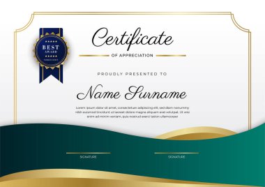 Yeşil, siyah ve altın sertifikalı, lüks rozetli ve modern çizgili sınır şablonu. Ödül, iş ve eğitim ihtiyaçları için. Vektör sertifika şablonu