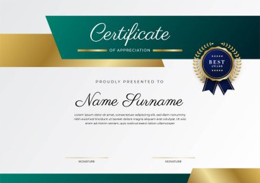 Yeşil, siyah ve altın sertifikalı, lüks rozetli ve modern çizgili sınır şablonu. Ödül, iş ve eğitim ihtiyaçları için. Vektör sertifika şablonu