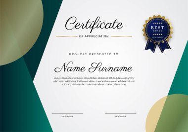 Yeşil, siyah ve altın sertifikalı, lüks rozetli ve modern çizgili sınır şablonu. Ödül, iş ve eğitim ihtiyaçları için. Vektör sertifika şablonu