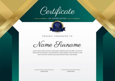 Yeşil, siyah ve altın sertifikalı, lüks rozetli ve modern çizgili sınır şablonu. Ödül, iş ve eğitim ihtiyaçları için. Vektör sertifika şablonu