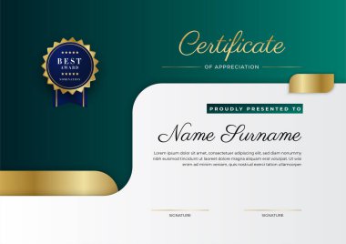 Yeşil, siyah ve altın sertifikalı, lüks rozetli ve modern çizgili sınır şablonu. Ödül, iş ve eğitim ihtiyaçları için. Vektör sertifika şablonu