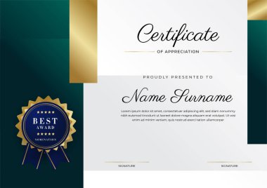Yeşil, siyah ve altın sertifikalı, lüks rozetli ve modern çizgili sınır şablonu. Ödül, iş ve eğitim ihtiyaçları için. Vektör sertifika şablonu