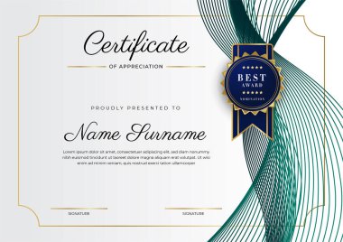 Yeşil, siyah ve altın sertifikalı, lüks rozetli ve modern çizgili sınır şablonu. Ödül, iş ve eğitim ihtiyaçları için. Vektör sertifika şablonu