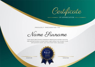 Yeşil, siyah ve altın sertifikalı, lüks rozetli ve modern çizgili sınır şablonu. Ödül, iş ve eğitim ihtiyaçları için. Vektör sertifika şablonu