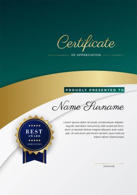 Yeşil, siyah ve altın sertifikalı, lüks rozetli ve modern çizgili sınır şablonu. Ödül, iş ve eğitim ihtiyaçları için. Vektör sertifika şablonu
