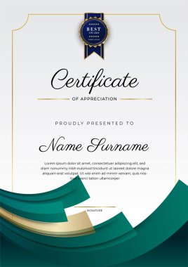Yeşil, siyah ve altın sertifikalı, lüks rozetli ve modern çizgili sınır şablonu. Ödül, iş ve eğitim ihtiyaçları için. Vektör sertifika şablonu