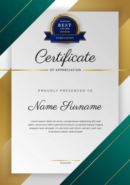 Yeşil, siyah ve altın sertifikalı, lüks rozetli ve modern çizgili sınır şablonu. Ödül, iş ve eğitim ihtiyaçları için. Vektör sertifika şablonu