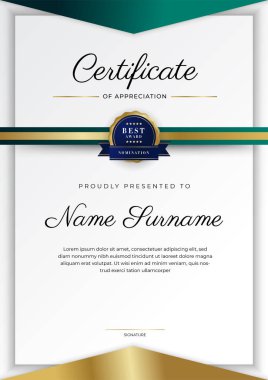 Yeşil, siyah ve altın sertifikalı, lüks rozetli ve modern çizgili sınır şablonu. Ödül, iş ve eğitim ihtiyaçları için. Vektör sertifika şablonu