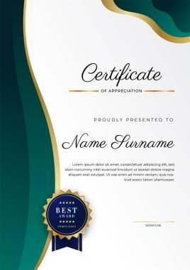 Yeşil, siyah ve altın sertifikalı, lüks rozetli ve modern çizgili sınır şablonu. Ödül, iş ve eğitim ihtiyaçları için. Vektör sertifika şablonu