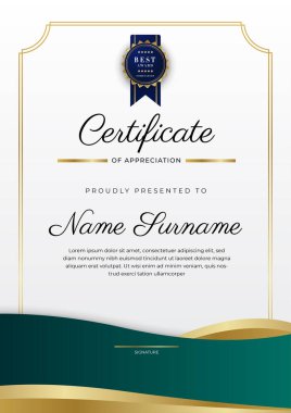 Yeşil, siyah ve altın sertifikalı, lüks rozetli ve modern çizgili sınır şablonu. Ödül, iş ve eğitim ihtiyaçları için. Vektör sertifika şablonu
