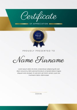Yeşil, siyah ve altın sertifikalı, lüks rozetli ve modern çizgili sınır şablonu. Ödül, iş ve eğitim ihtiyaçları için. Vektör sertifika şablonu