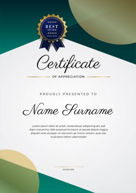 Yeşil, siyah ve altın sertifikalı, lüks rozetli ve modern çizgili sınır şablonu. Ödül, iş ve eğitim ihtiyaçları için. Vektör sertifika şablonu