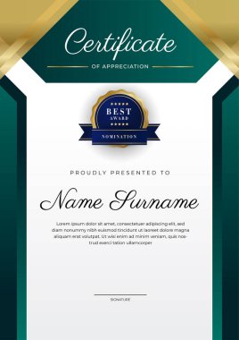 Yeşil, siyah ve altın sertifikalı, lüks rozetli ve modern çizgili sınır şablonu. Ödül, iş ve eğitim ihtiyaçları için. Vektör sertifika şablonu