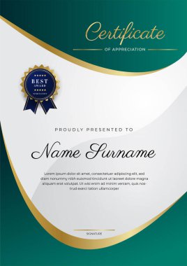 Yeşil, siyah ve altın sertifikalı, lüks rozetli ve modern çizgili sınır şablonu. Ödül, iş ve eğitim ihtiyaçları için. Vektör sertifika şablonu