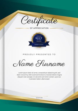 Yeşil, siyah ve altın sertifikalı, lüks rozetli ve modern çizgili sınır şablonu. Ödül, iş ve eğitim ihtiyaçları için. Vektör sertifika şablonu