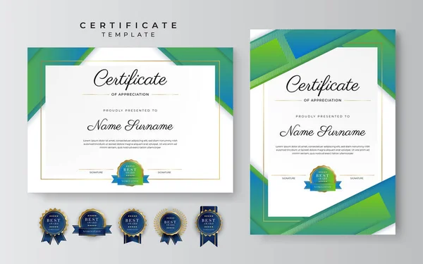 Plantilla Borde Logro Certificado Oro Azul Verde Con Insignia Lujo — Archivo Imágenes Vectoriales