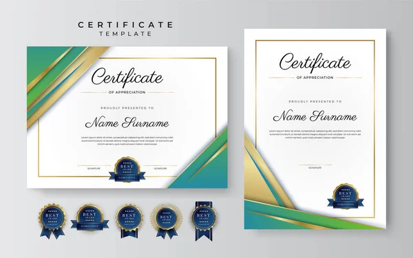 Modèle Frontière Certificat Réussite Bleu Vert Avec Badge Luxe Motif — Image vectorielle