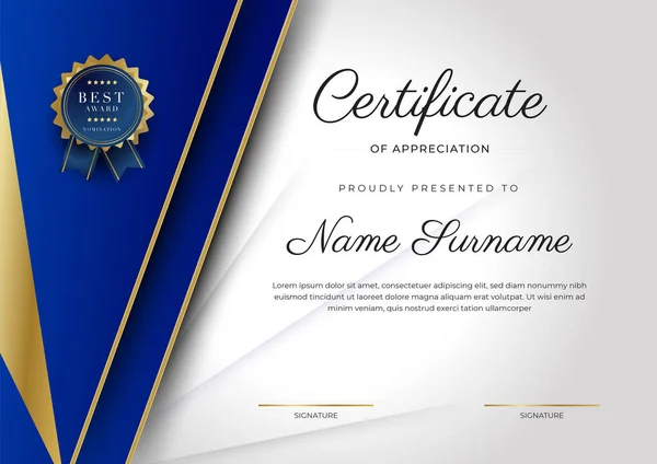 Blauw Goud Certificaat Van Prestatie Border Template Met Luxe Badge — Stockvector