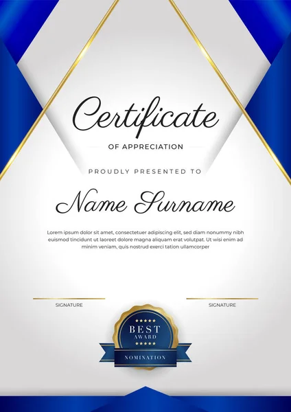 Blue Gold Certificate Achievement Border Template Luxury Badge Modern Line —  Vetores de Stock