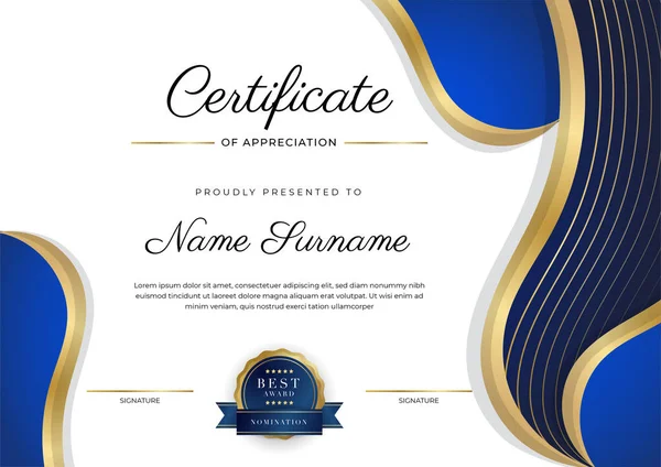 Blue Gold Certificate Achievement Border Template Luxury Badge Modern Line — Vettoriale Stock