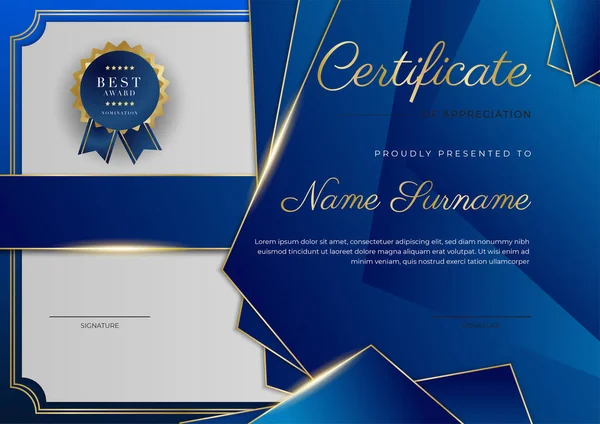 Blue Gold Certificate Achievement Border Template Luxury Badge Modern Line — Stockvektor