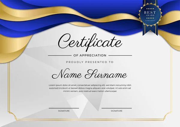 Blauw Goud Certificaat Van Prestatie Border Template Met Luxe Badge — Stockvector