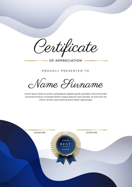 Blauw Goud Certificaat Van Prestatie Border Template Met Luxe Badge — Stockvector