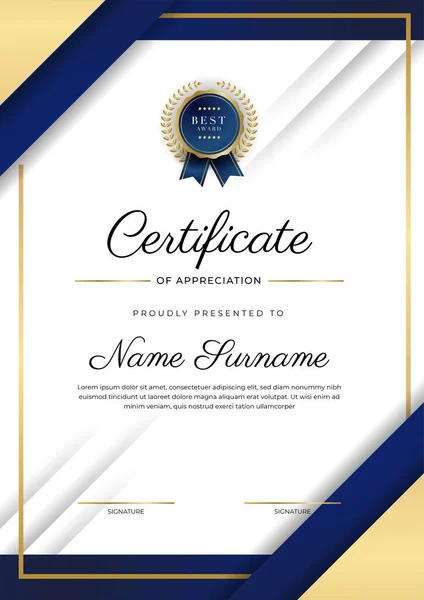 Blue Gold Certificate Achievement Border Template Luxury Badge Modern Line — Stock Vector