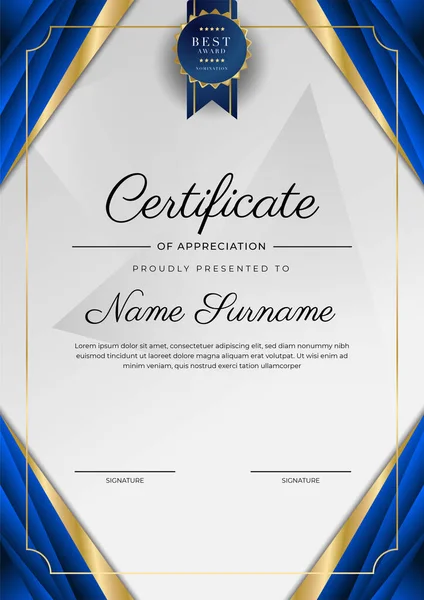 Blue Gold Certificate Achievement Border Template Luxury Badge Modern Line — Stok Vektör