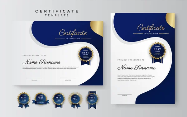 Modèle Frontière Certificat Réussite Bleu Avec Badge Luxe Motif Ligne — Image vectorielle