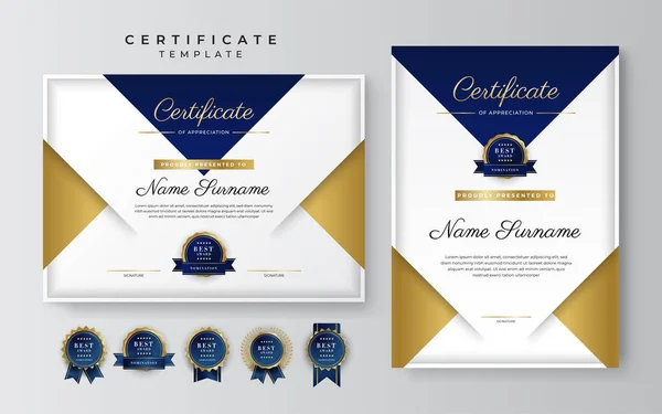 Blue Gold Certificate Achievement Border Template Luxury Badge Modern Line — ストックベクタ