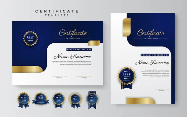 Plantilla Borde Azul Dorado Certificado Logro Con Insignia Lujo Patrón — Archivo Imágenes Vectoriales